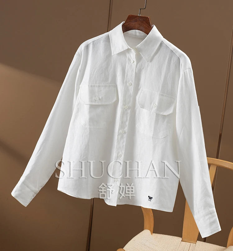 100% Linen Long-sleeved Shirt Women Long Sleeve Top Womens Shirts Luxury Blouses for Women Fashion 2024
