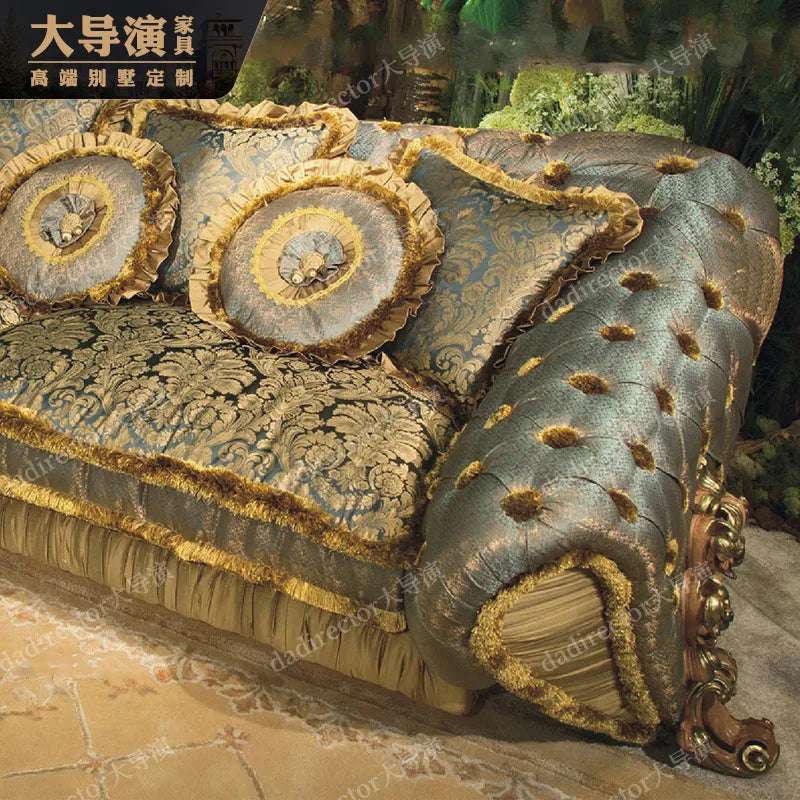 European style solid wood carved gold foil sofa, palace French luxury fabric sofa, villa living room furniture customization