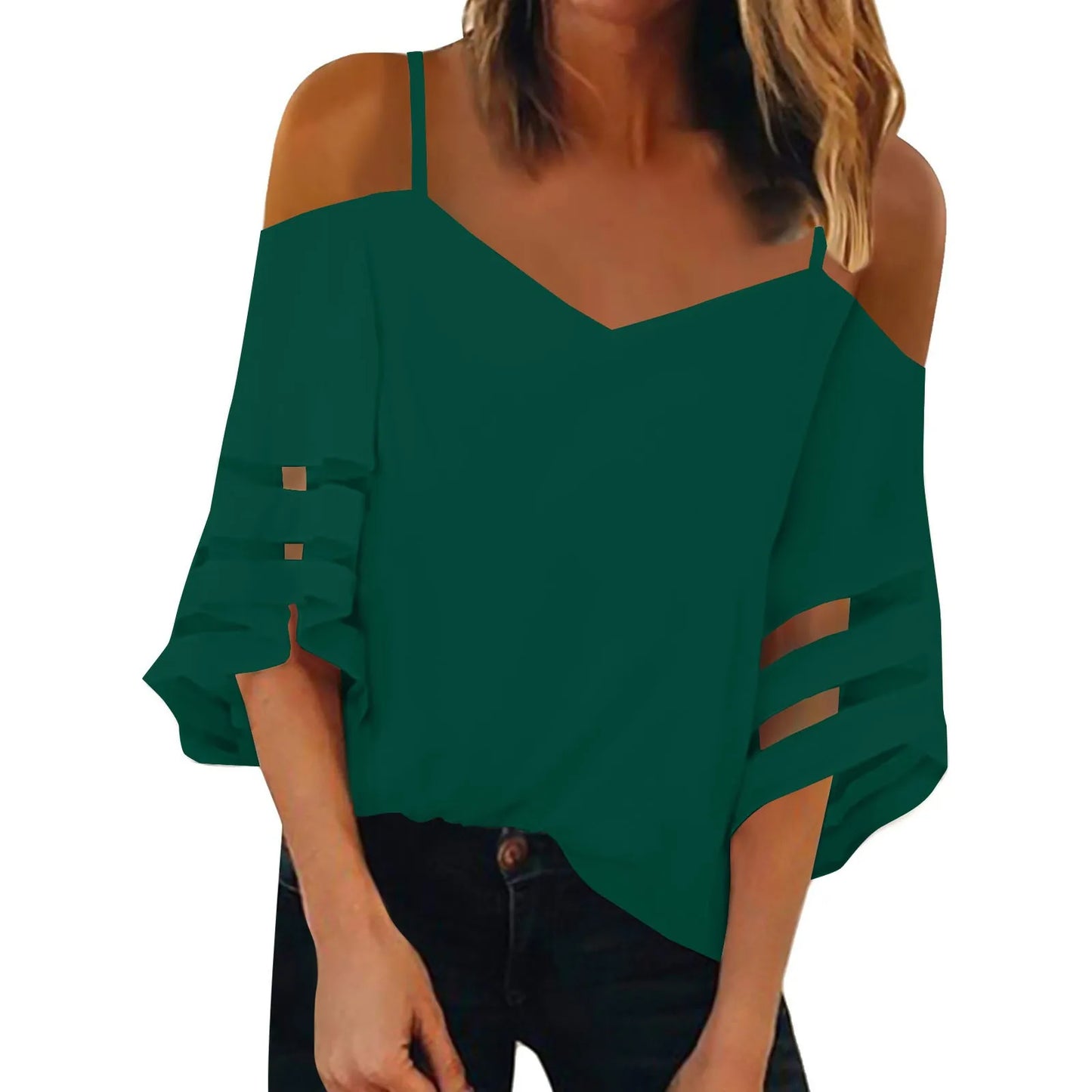 Women'S 3/4 Sleeve Tops Fashion Loose V-Neck Solid Color Casual Shoulder Strap Top Daily Commute Elegant All-Match Comfy Tops