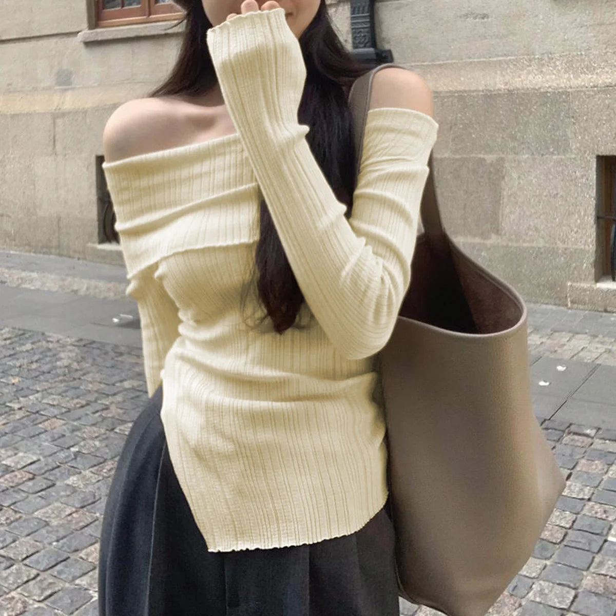 Women's Slash Neck Pullover Split Irregular Off Shoulder Top Black Long Sleeve Casual Korean Elegant Slim Fit Base Tees Y2K Tops