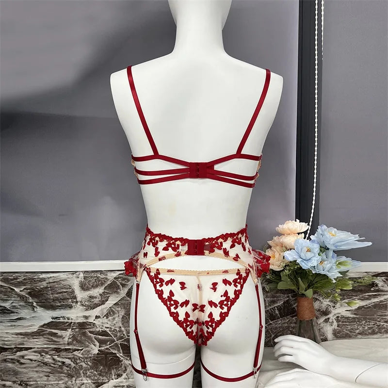 Aduloty Women Sexy Underwear Heart-shaped Embroidery Splicing Strap Erotic Lingerie Summer Thin Mesh Perspective Bra Set