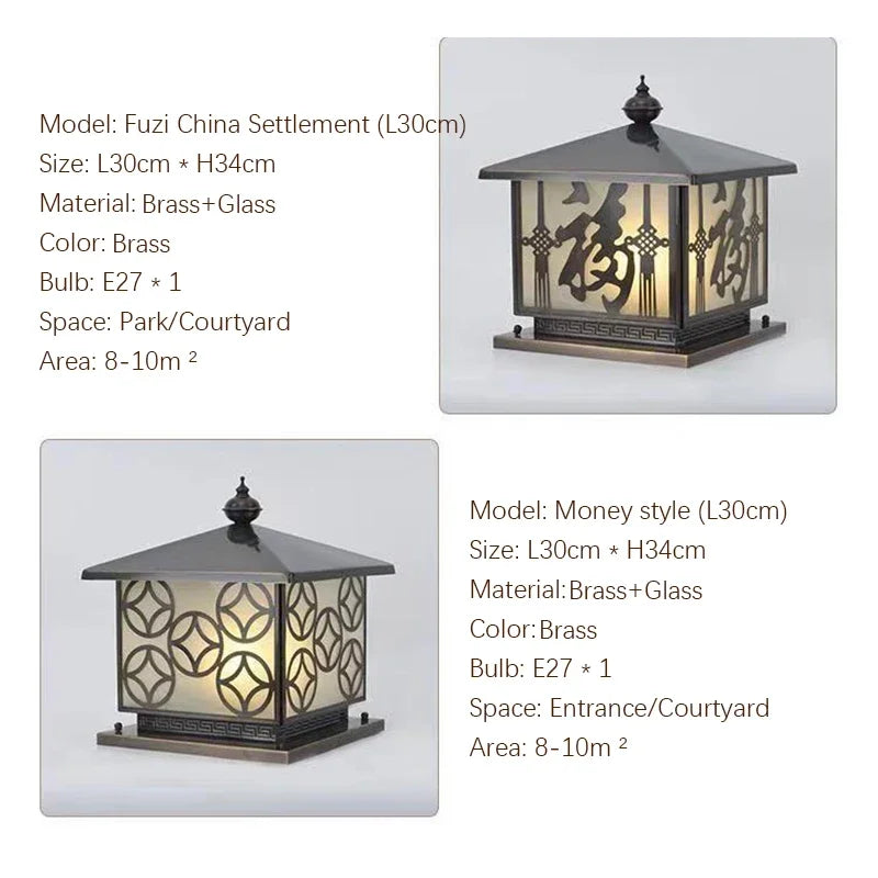 WPD Outdoor Electricity Post Lamp Vintage Creative Chinese Brass Pillar Light LED Waterproof IP65 for Home Villa Courtyard