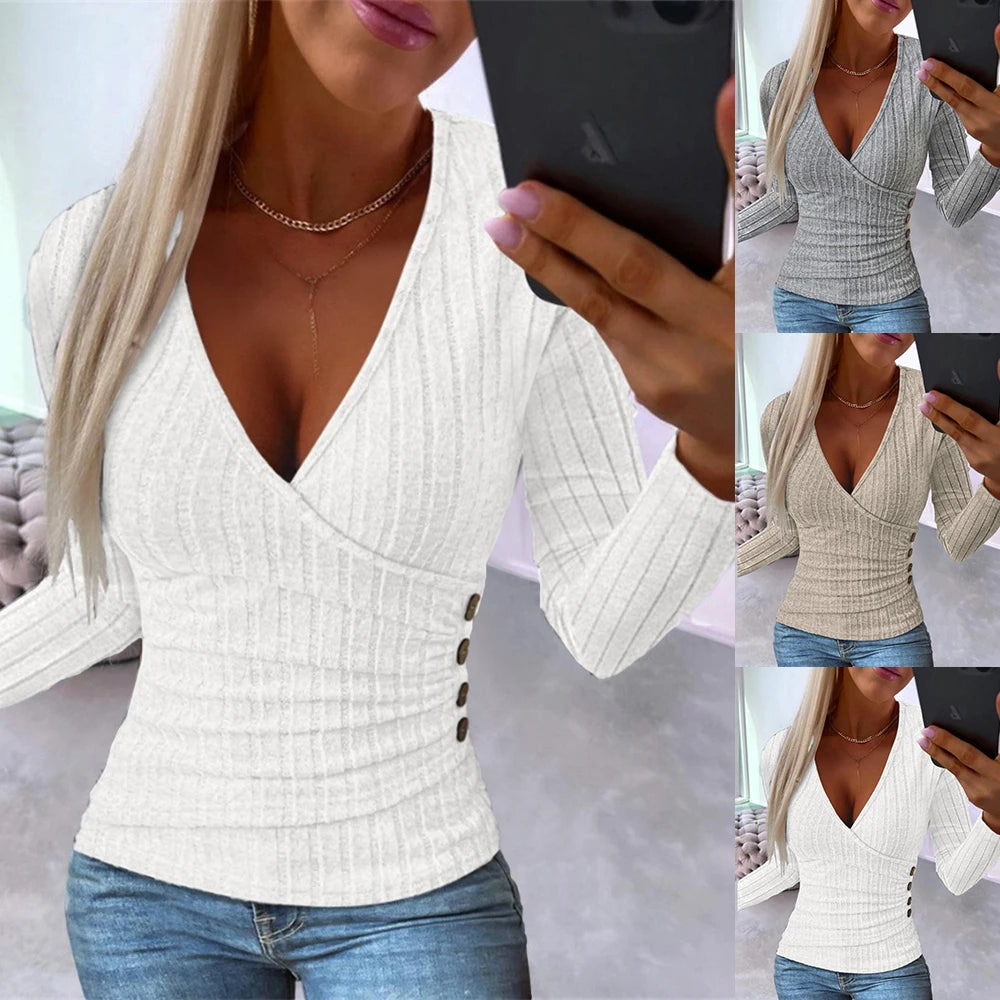 Women's Autumn Ribbed V Neck Wrap Tops Elegant Ladies Slim Long Sleeve Pullover Jumper T-Shirt Clothing 2023