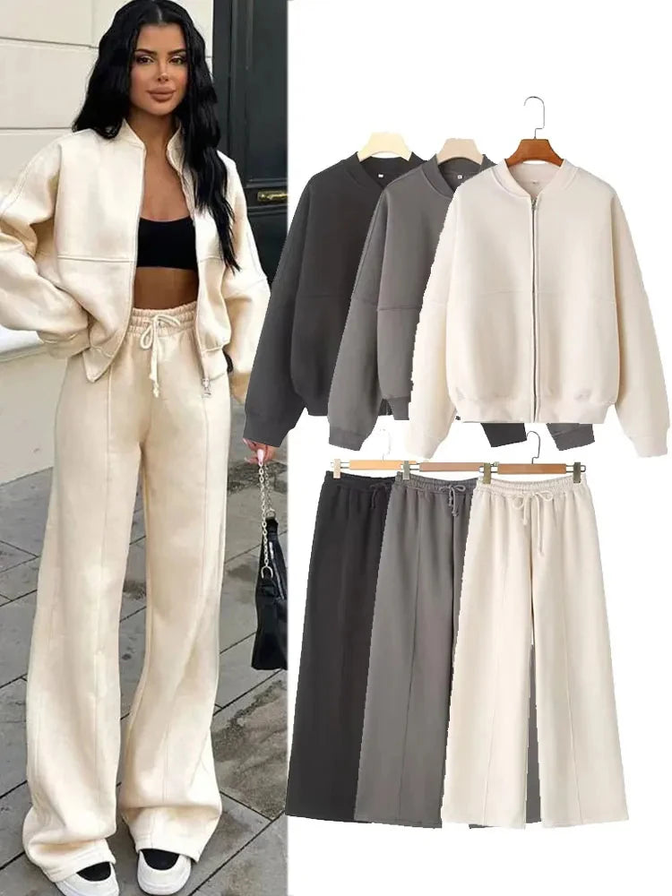Women Sweatsuit Set Vintage O-neck Zipper Bomber Jackets High Waist Loose Pants Suit Female 2025 Spring Fashion Lady Sportswear