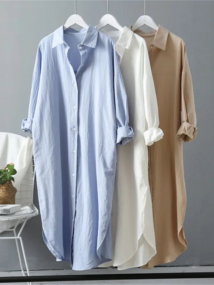 Women Loose Cotton Linen Cardigan Long Shirts Casual Blouses Female Fashion Elegant Outerwear Monochromatic Tee Clothes Summer