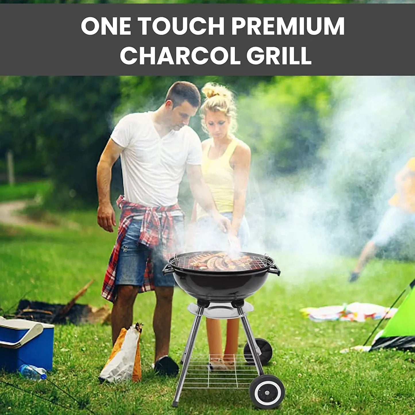 18 Inch Portable Charcoal Grill With Wheels Outdoor Cooking Barbecue Camping BBQ Coal Kettle Grill