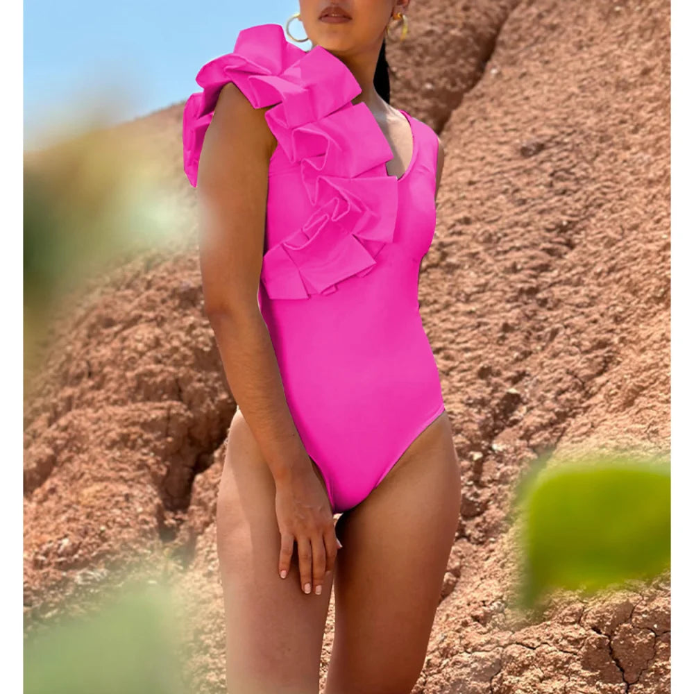 Women's Ruffled Swimsuit One-piece with Sarong, Cover Up, Pareo Beach Dress Luxury Designer Bathing Bodysuit 2023