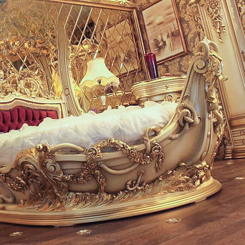 Luxury Pirate Ship Solid Wood Bed Court European Gold Foil Double Bed