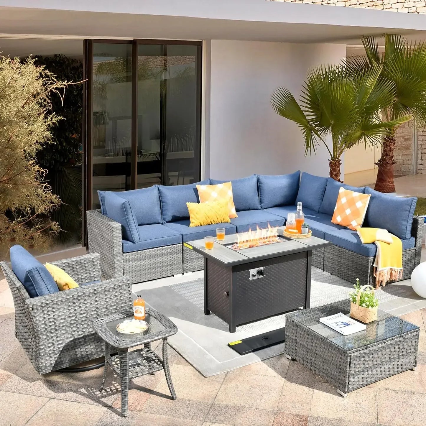 11 Pieces Outdoor Patio Furniture Set, Garden Furniture Sets with Fire Pit, Swivel Glider Chairs for Poolside Lawn Backyard