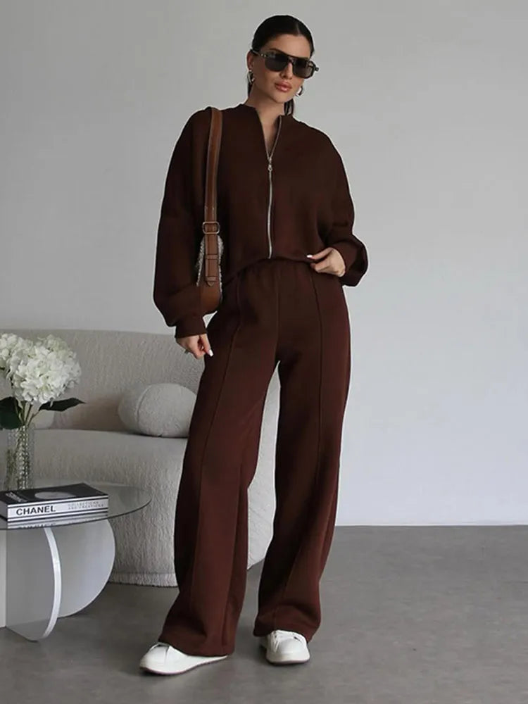 Women Sweatsuit Set Vintage O-neck Zipper Bomber Jackets High Waist Loose Pants Suit Female 2025 Spring Fashion Lady Sportswear