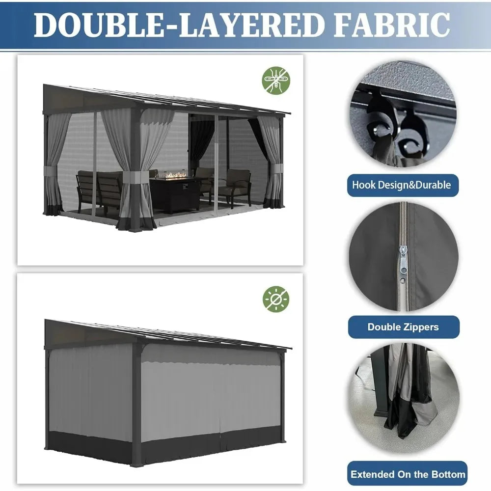 10 x 14 FT Outdoor Gazebo, Hardtop Wall Mounted Gazebos with Sloping Sun Panel Roof, Double Curtains, Gazebo