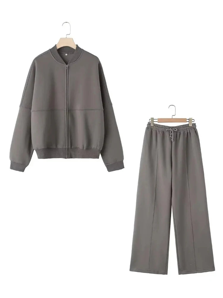 Women Sweatsuit Set Vintage O-neck Zipper Bomber Jackets High Waist Loose Pants Suit Female 2025 Spring Fashion Lady Sportswear
