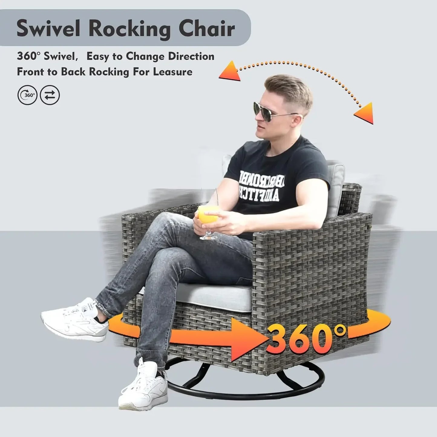 11 Pieces Outdoor Patio Furniture Set, Rattan Wicker Sectional Swivel Rocker Chairs Sets with Fire Pit, Swivel Glider Chairs