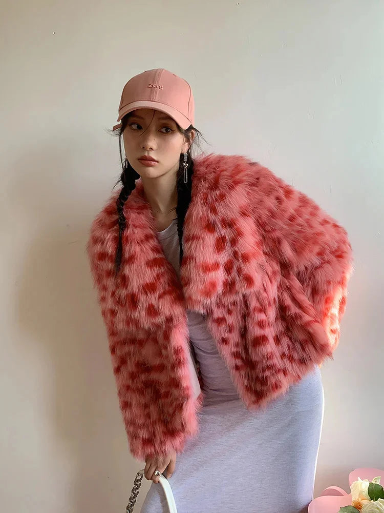Natural Leopard Fox Fur Women Jacket Short Fashion Strip Sewed Toghter High Quality Sheepskin Real Coat Winter Clothing
