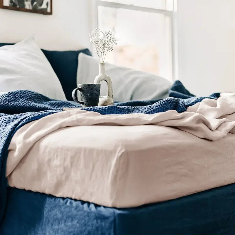 100% Linen Fitted Bed Sheet Mattress Cover Natural Washed French Flax Soft Natural Breathable Deep Pockets Farmhouse Bedding