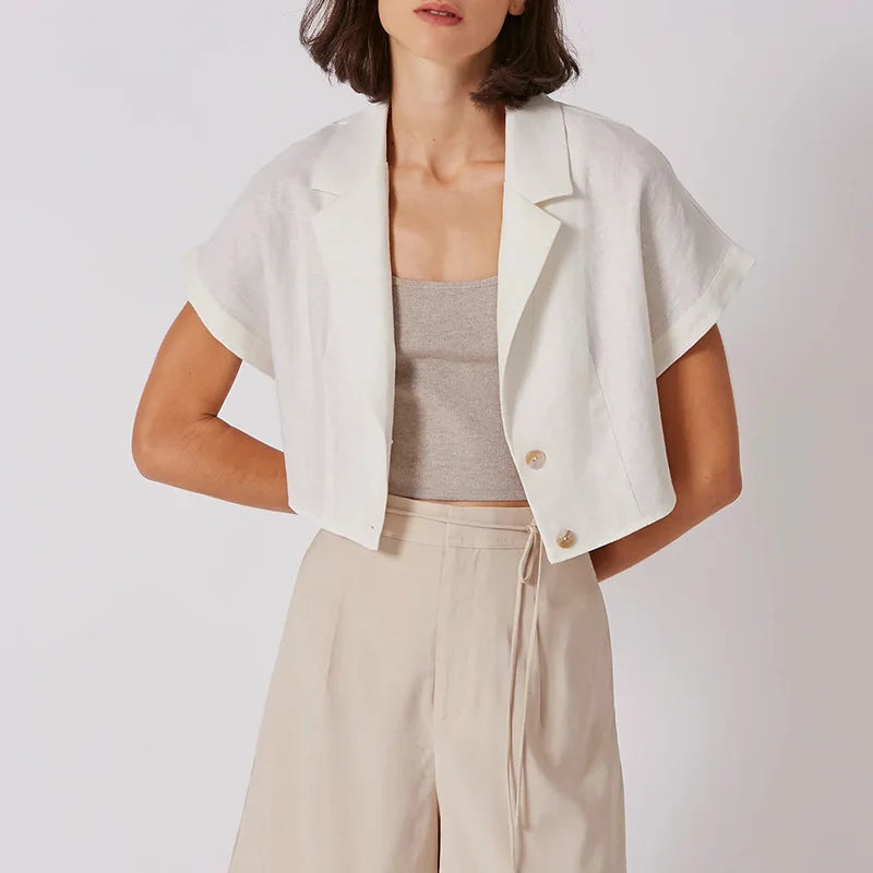 100% Linen Women'S Shirt Vintage Notched Collar Short Sleeve Button Up Shirts Elegant Fashion Woman Blouses 2024 Blusas Feminina