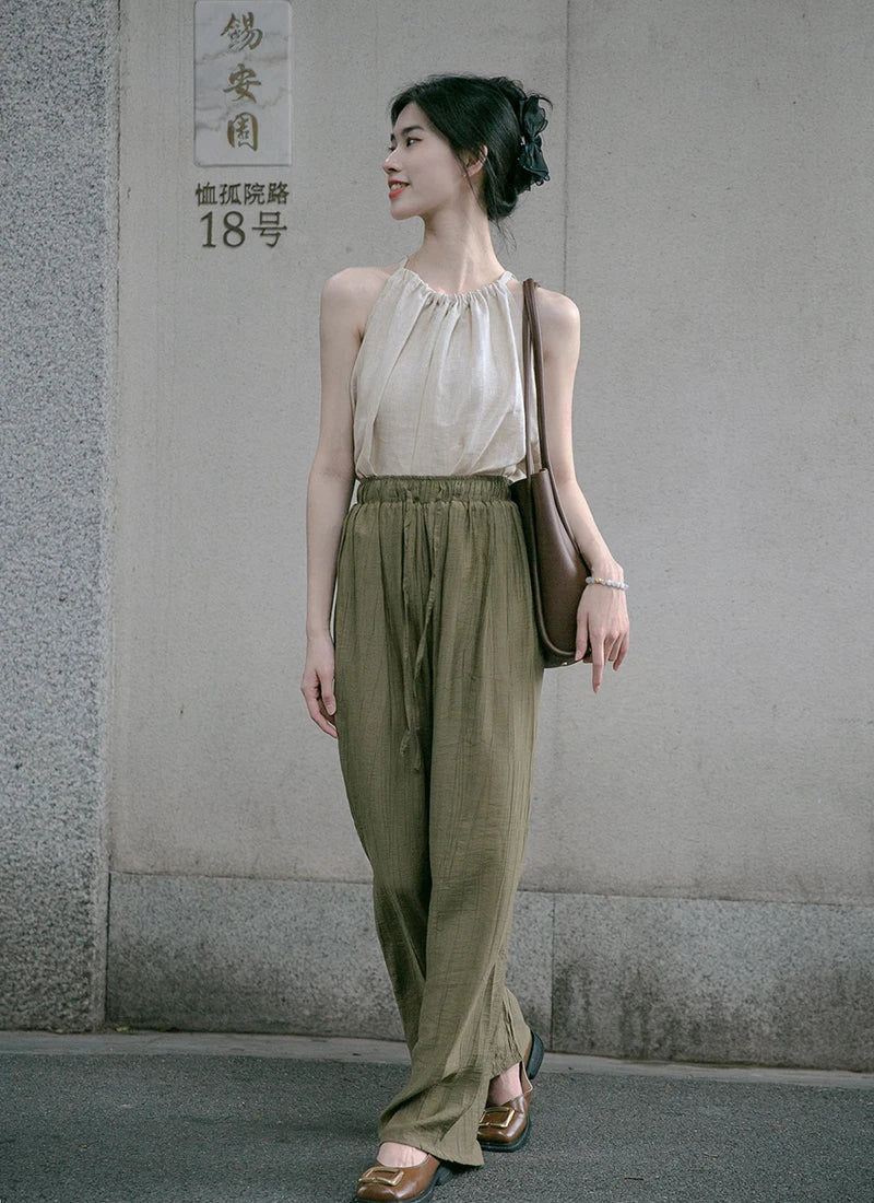 100% Linen Sexy Halter Women Summer Top Solid Sleeveless Back Bandage Tie Up Korean Harajuku Tank Tops Vintage Clothes