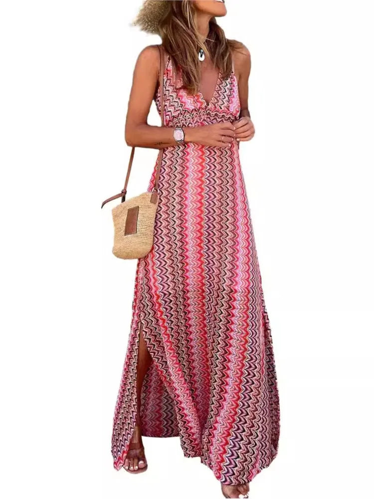 Bohemian Print Halter Neck Dresses Women Sexy V-neck Backless Slit Dress Fashion Casual Beach Vacation Vestidos Female Summer