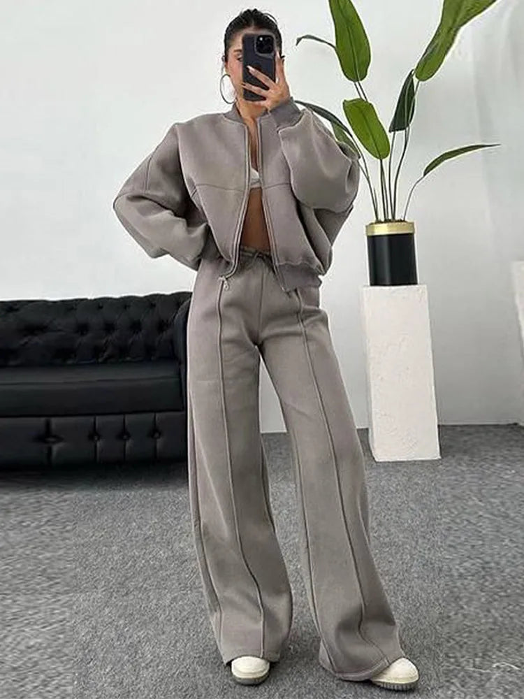 Women Sweatsuit Set Vintage O-neck Zipper Bomber Jackets High Waist Loose Pants Suit Female 2025 Spring Fashion Lady Sportswear