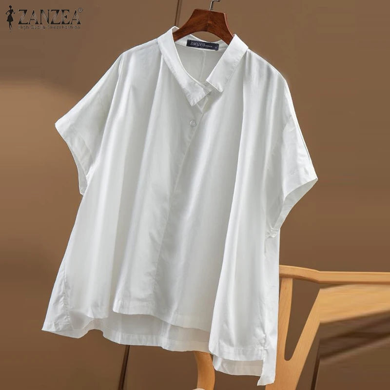 ZANZEA Korean Style Solid Color Shirts Women 2024 Summer Asymmetrical Lapel Neck Oversize Blouse Casual Half Sleeve Chemise Tops