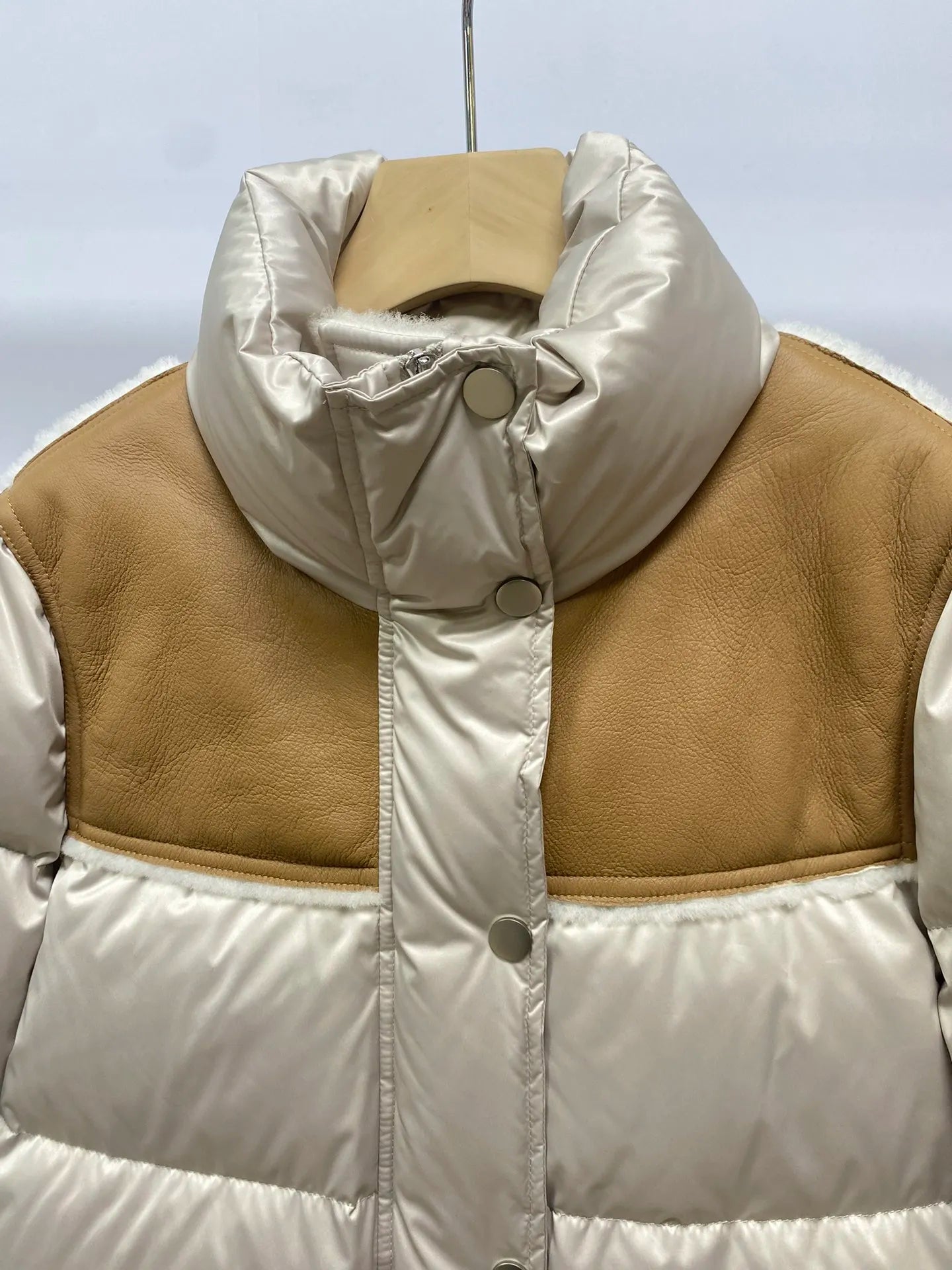 Women's Casual Sheepskin Wool Patchwork Goose Down Jacket, Female Clothing, High Collar, Luxury, Light, Fashion, B, C