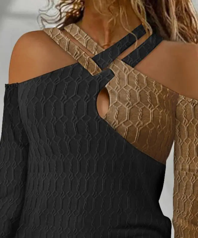 Women's Tops 2023 Autumn Casual Colorblock Criss Cross Cold Shoulder Cable Textured Top Long Sleeve Tee Fashion Pullover