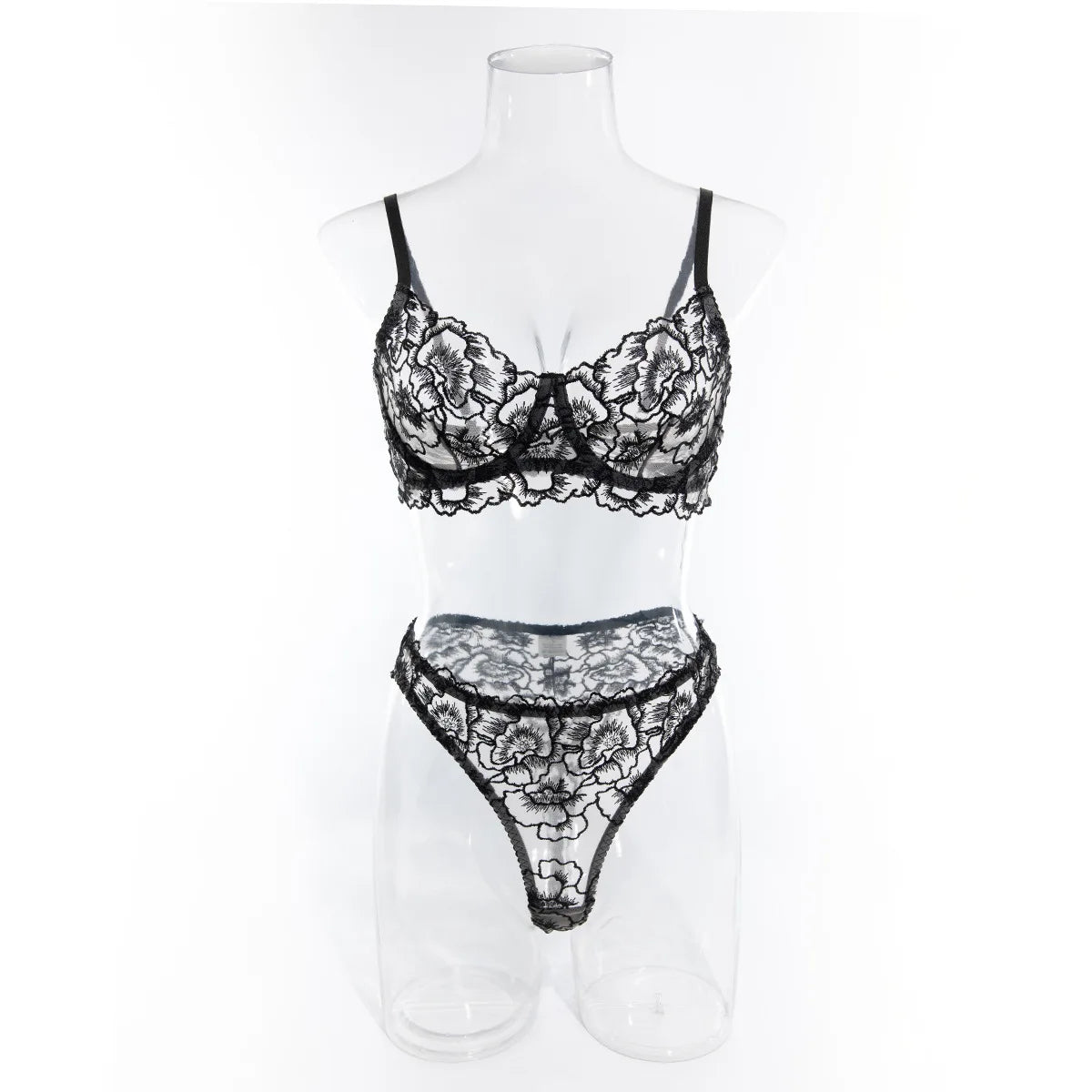 Women Sexy Lace Bra Set Embroidery Thin See Through Lingerie Set Elegant Ladies Micro Bikini Thong Underwear Brief Set