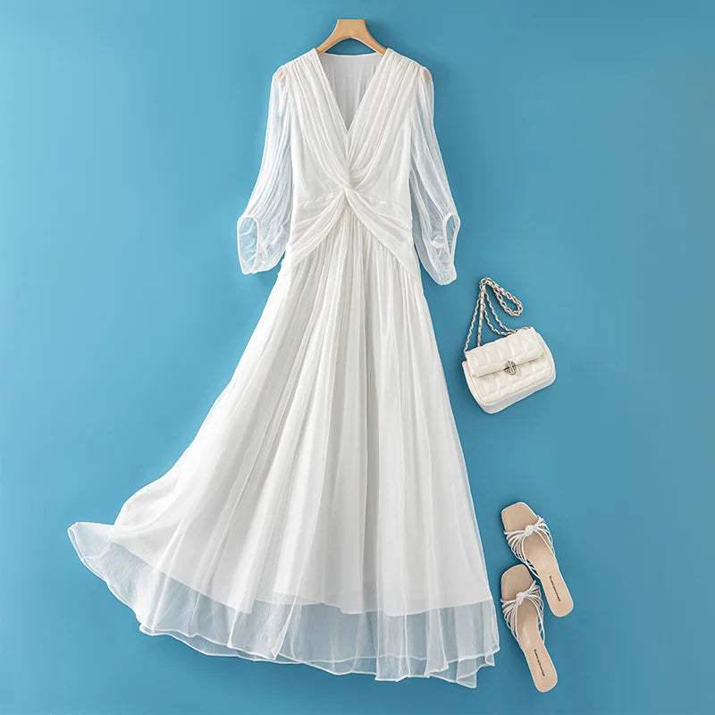 Tcyeek 100% Mulberry Silk Dress Women Clothes Fashion Summer Dresses 2024 Elegant and Pretty Women's Dresses Waist Vestido Mujer