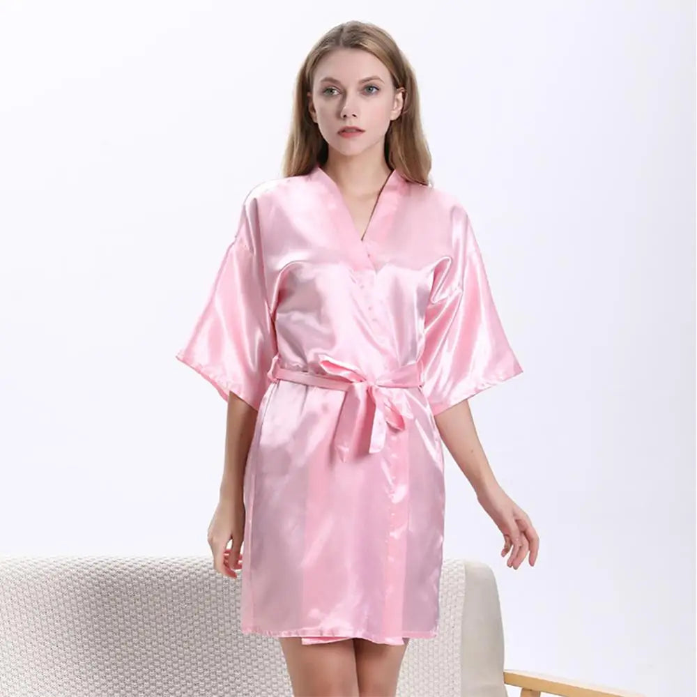 Women Summer Solid Color Ice Silk Nightdress Midi Dress Bath Robe Waist Belt Sleepwear Nightgown Lady Homewear
