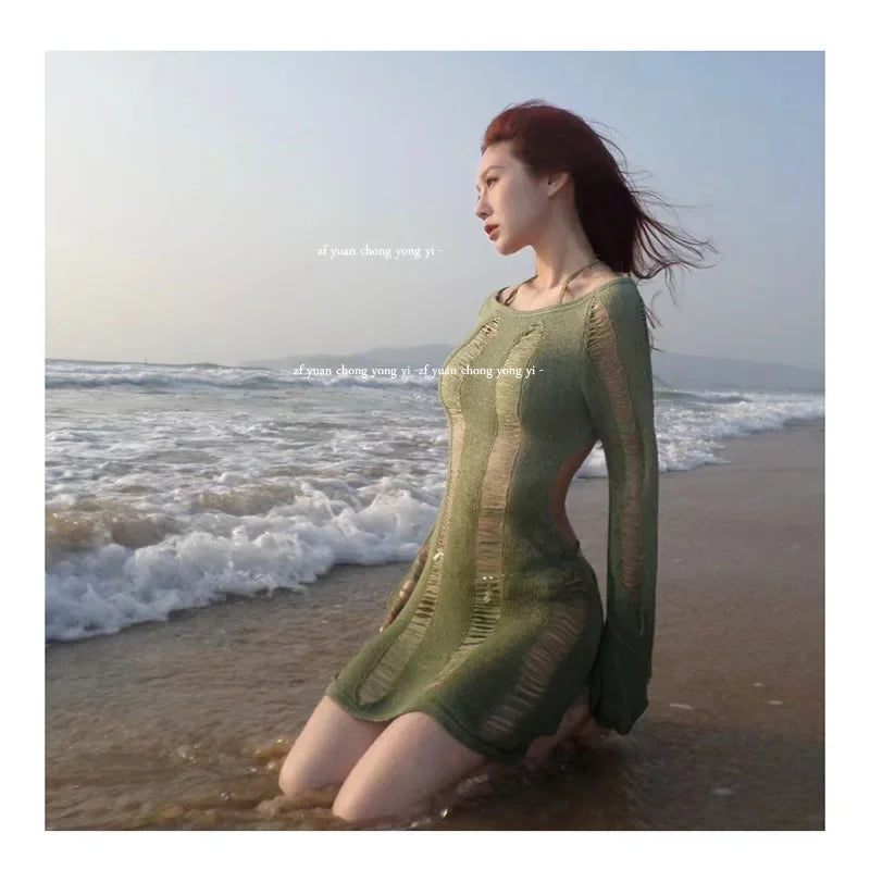 Women's Long Sleeved Solid Color Knitted Anti Wrinkle Cover Shirt, Beach Travel with Bikini Swimsuit, Sexy Hip Hugging Skirt