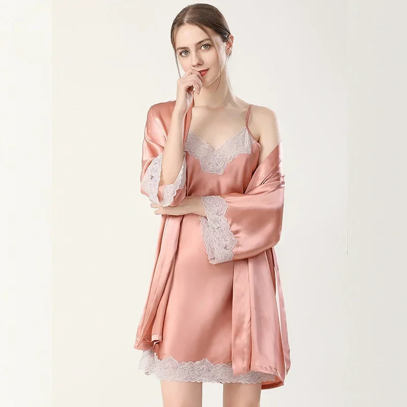 100% Mulberry Silk Women's Silk Robe Set Luxury Night Wear Solid Color Pajamas Lace Trim Two Piece Silk Sleep Robes Nightgown