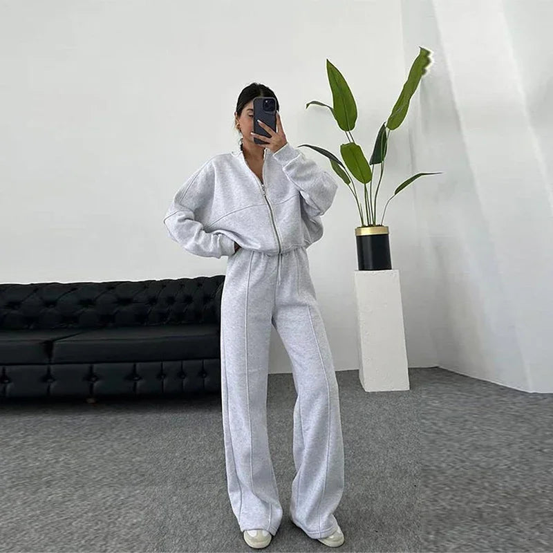 Women Sweatsuit Set Vintage O-neck Zipper Bomber Jackets High Waist Loose Pants Suit Female 2025 Spring Fashion Lady Sportswear