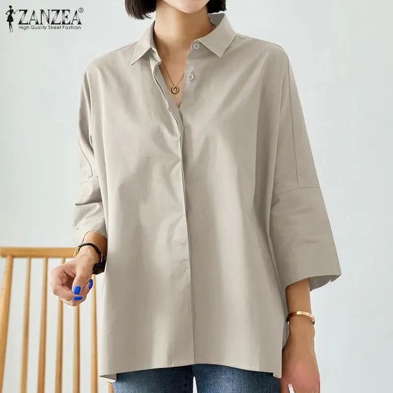 ZANZEA Women Lapel Neck Blouse Fashion OL Work Tops Casual 3/4 Sleeve Holiday Tops Oversize Chemise Female Loose Buttons Blusas