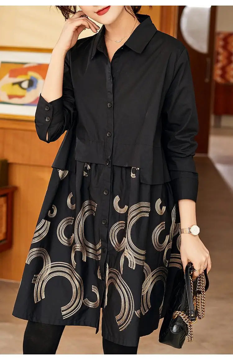 Women's Fashion Loose Spliced Shirt Autumn New Korean Casual Polo-Neck Printed Button Blouse Long Sleeve Female Clothing 2024