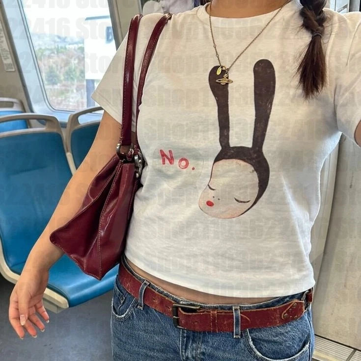Y2k 2000s Graphic Baby Tee Print T-Shirt Punk Casual Preppy Slim Crop Top Vintage Women Streetwear Cute Grunge Fairy Clothes Emo