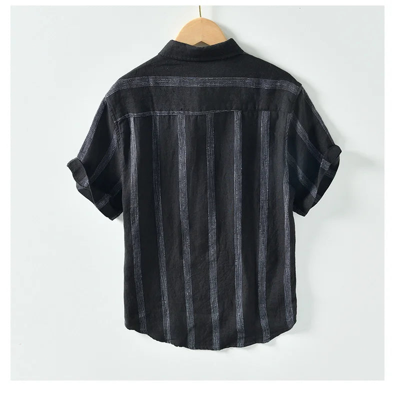 100% Linen Men's Short Sleeve Shirt Japanese Chest Pocket Striped Stand Collar Shirts Casual Summer Comfortable Tops Shirt Man