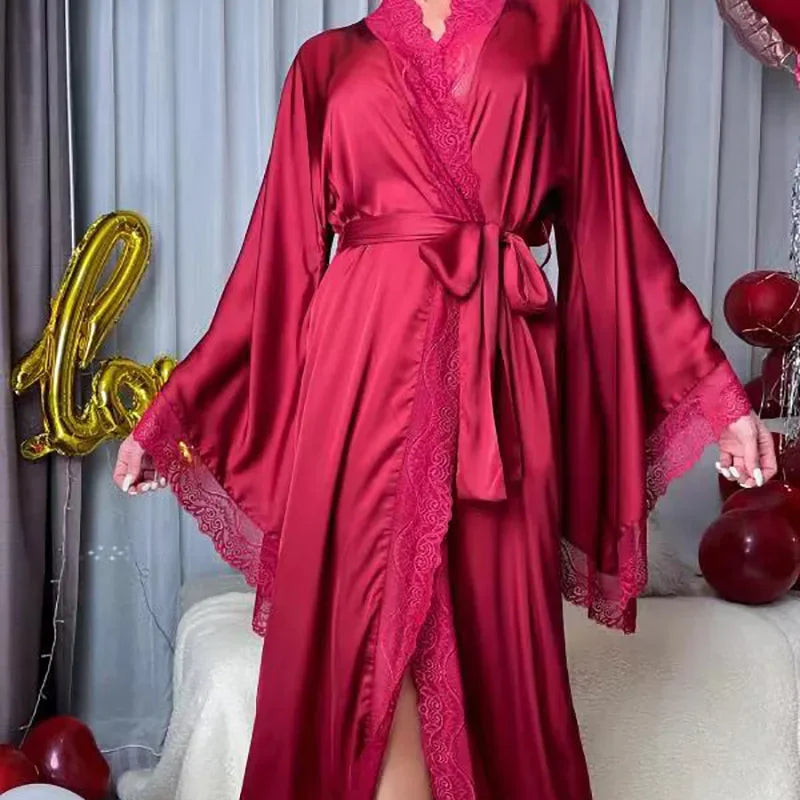 Womens Nightdress Sexy Long Polyester Lingerie Nightwear Bath Robe Gown Imitation Ice Silk Nightdress Solid Color Nightgown Thin