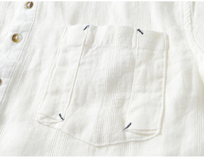100% Linen Men's Short Sleeve Shirt Japanese Chest Pocket Striped Stand Collar Shirts Casual Summer Comfortable Tops Shirt Man
