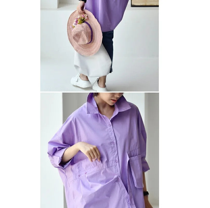 Women's Irregular Cotton Lapel Five-Point Sleeve Blouse, Large Size Shirt, Elegant Blouses for Youth, Medium Length