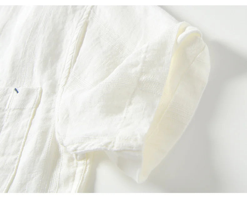 100% Linen Men's Short Sleeve Shirt Japanese Chest Pocket Striped Stand Collar Shirts Casual Summer Comfortable Tops Shirt Man