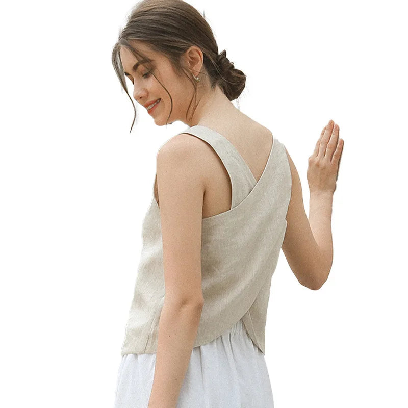 100% Linen Top Women Casual Solid Back Cross Patchwork Tank Top Summer Tops Haut Femme Women'S Clothing Offer Free Shipping
