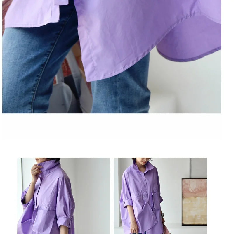 Women's Irregular Cotton Lapel Five-Point Sleeve Blouse, Large Size Shirt, Elegant Blouses for Youth, Medium Length