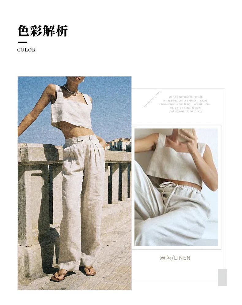 100% Linen White Crop Top 2024 Summer Vintage Square Collar Sleeveless Streetwear Green Top Fashion Clothing