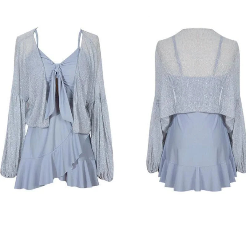 Women's Solid Color Sling Spliced Tassel With Chest Pad Without Steel Support Casual Long Sleeve Smock Shirring Sexy Swimwears