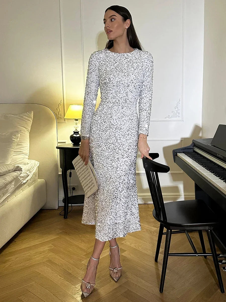 Wolfeel Sequined Dress Autumn New Women's Design Evening Gown Elegant Lady Stylish Long Sleeves Slimming Long Fish Tail Dress