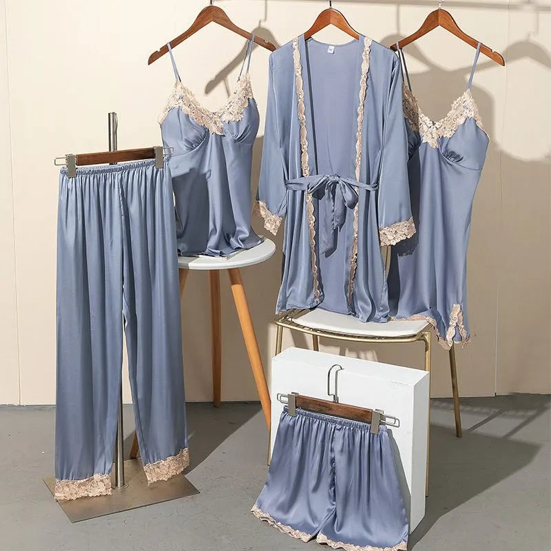 Spring Summer 5PCS PAJAMAS SET Sexy Lace Trim Bath Robe Nightgown Female Satin Cami Pijamas Suit Loose Home Clothes Lounge wear