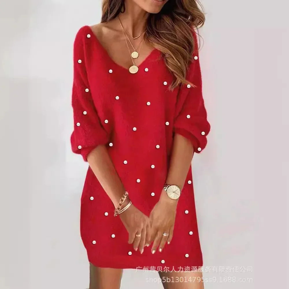 Women V-Neck Fleece Lace Off-Shoulder Dress Long Sleeve Fashion Casual Sexy Mini Dress
