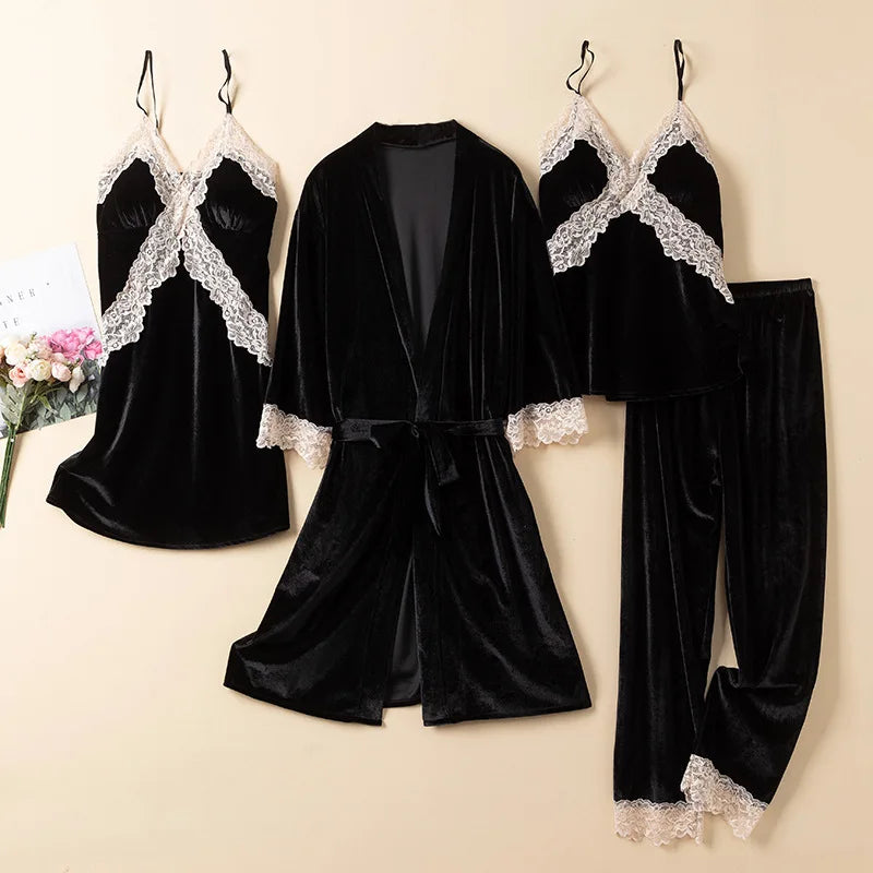 Women Velvet 4PCS Pajamas Set Sleepwear Autumn Winter Sexy Lace Trim Bathrobe Nightgown Loose Velour Pyjama Pour Femme Home Wear
