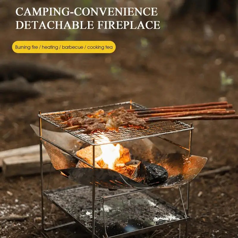 Camping Folding Campfire Charcoal BBQ Grill Stainless Steel Barbecue Net Card Type Firewood Stoves Mini BBQ Rack Camping Stove