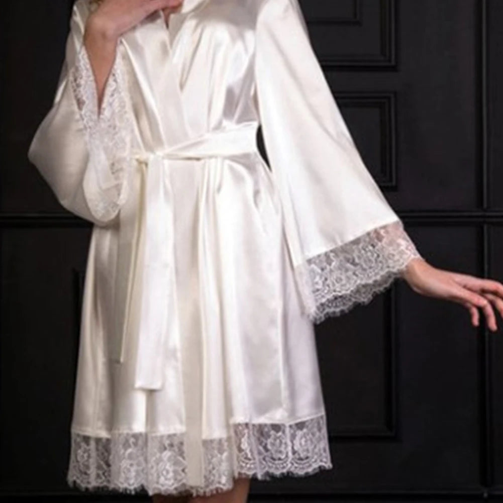 Women's Sleepwear Lace Patchwork Long Bathrobes Women's Pajamas Soft Silk Dresses Soft Silk Pajamas 2024